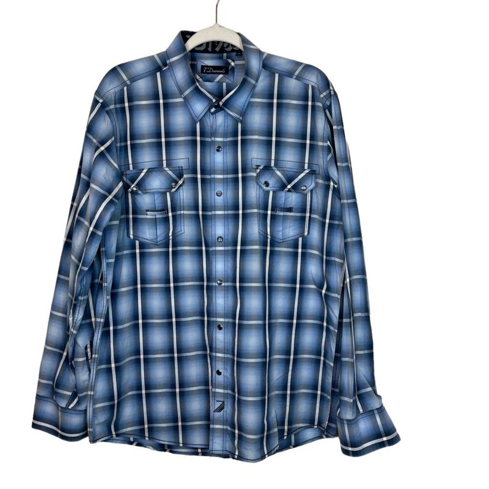 7 Diamonds Mens Plaid Long Sleeve Button Up Shirt Casual Western Blue Size XXL